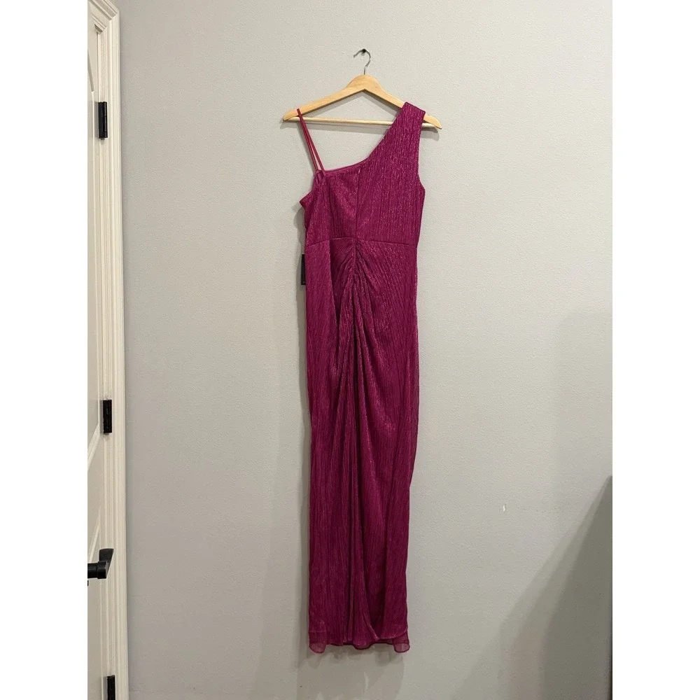 Adrianna Papell Stardust One-Shoulder Gathered Gown Magenta Pink Size 10 - Picture 4 of 16